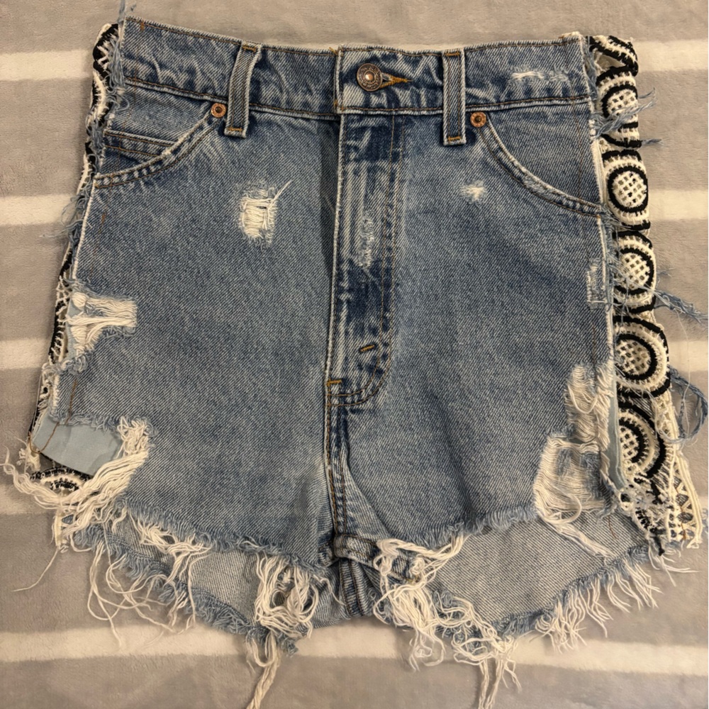 LF Blue Distressed Levi Jean Shorts with Black Accents